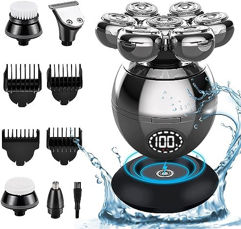 Elektrorasierer Herren, 5 in 1 Glatzen Rasierer Herren, Professioneller Elektrorasierer mit 7 Rotierende Scherköpfe und Trimmer Pflege Kit, wasserdicht, Batterieanzeige und kabellos wiederaufladbar