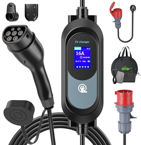 Evjuicion Mobile Wallbox 11kW Ladekabel CEE 16A auf Typ 2, 3-phasig, 6-16A, 0-12H Zeitverzögerung, 2,4-Zoll-LCD-Bildschirm, 6m Ladekabel Elektroauto Typ 2 Schuko mit Ständer für EV/PHEV, IP67/IP66