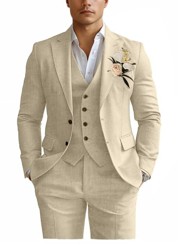 Costume de Smoking 3 pièces en Lin pour Homme - Coupe ajustée - pour la Plage, Les Mariages, Les Affaires, Le marié et Le Bal, Champagne, Taille M