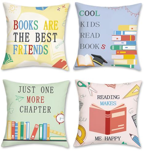 COZZSNUGE Reading Cushion Covers Colorful Books Kids Velvety Decorative Pillowcases for Sofa Bed Home Kids Room Classroom 45 x 45 cm Set of 4