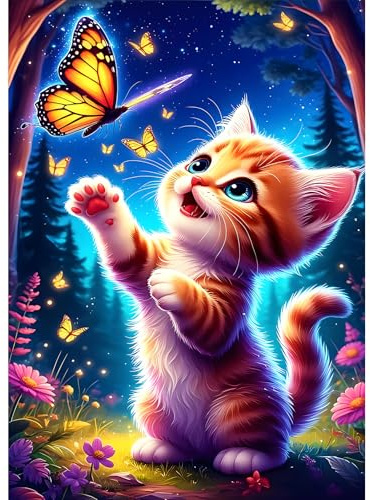 DPHERO Cat Kitten Diamond Painting Kits for Beginners Adults,5D DIY Night Sky Diamond Art Kits,Round Full Drill Butterfly Gem Art Crafts,DIY Fantasy Painting by Numbers for Home Wall Decor 12x16 inch