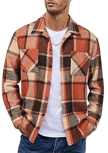 EUDOLAH Chemise Flanelle Homme à Carreaux Surchemise Manches Longues en Coton Style Bûcheron Col Button Down et Coupe Regular Fit Style Vintage Décontracté (L,Rouge Orange)