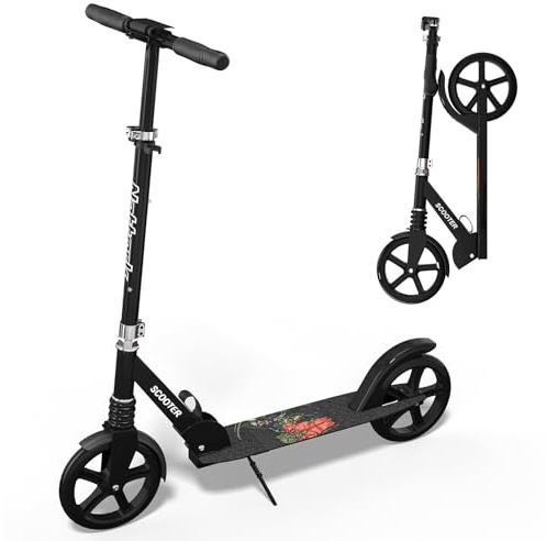 Nattork Kick Scooter for Teens Adults, Max Load 240 LBS, Adjustable Height Foldable with 8 Large Wheels, Anti-Shock Suspension Black