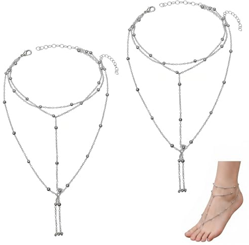 Lot de 2 chaînes de cheville argent avec pompons franges style bohème tribal, bracelet cheville ajustable pour pieds, bijou sexy soirée plage vacances été, Accessoire Mode glamour élégant