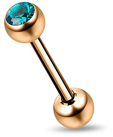 Monster Piercing - Piercing per lingua in acciaio chirurgico anodizzato oro rosa con zircone blu, calibro 14, con pietra singola in cristallo, sferica, colore: oro rosa