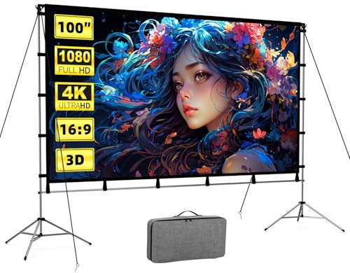 Outdoor Projector Screen with Stand 100 Inch, Vamvo Portable Projector Screen Indoor Outdoor with Carry Bag, 16:9 4K HD Movie Screen for Home Backyard Theater