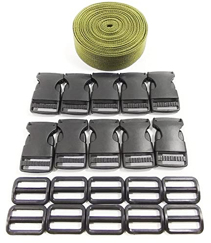 Cinta de Mochila 5 Metros x 25mm + 20 Hebillas de Plástico, Cinta de Polipropileno con Broches, Correa de Mochila, Cincha para Equipaje, Correa para Sujetar Maletas, Correa Verde,(25 MMX 5 m, 261)