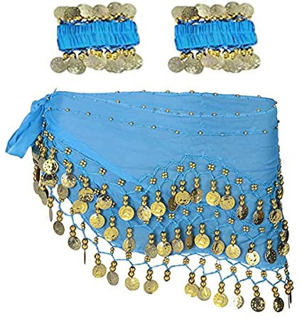 SamHeng Belly Dance Hip Scarf with Bracelet, 128 Coins Belly Dance Skirt Wrap Belt with Wrist Ankle Bracelets, Dance Skirt Belt Waist Chain for Belly Dance, Zumba or Yoga Class, Performance Costume
