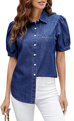 BMJL Womens Denim Shirt Business Casual Button Down Work Blouses Puff Sleeve Summer Tops, Dark Blue, M