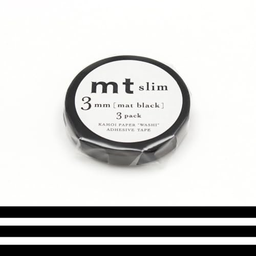 MT Masking Tape Slim - Juego de 3 rollos adhesivos decorativos de papel washi (3 mm x 7 m), color negro y mate negro