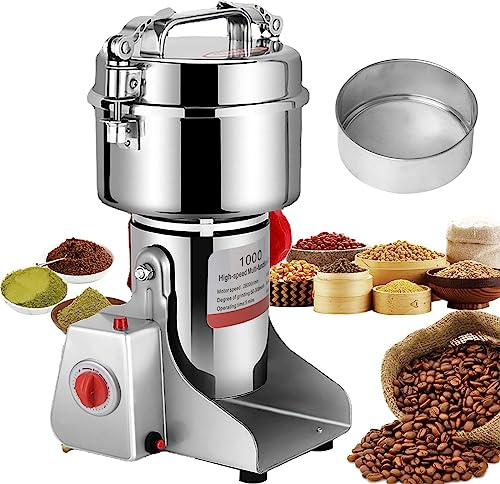 Getreidemühle für Getreide Elektrisch, Edelstahl und Motor, hohe Geschwindigkeit, zum Zerkleinern von Gewürzen, Nussknacker (1000g 3200W)
