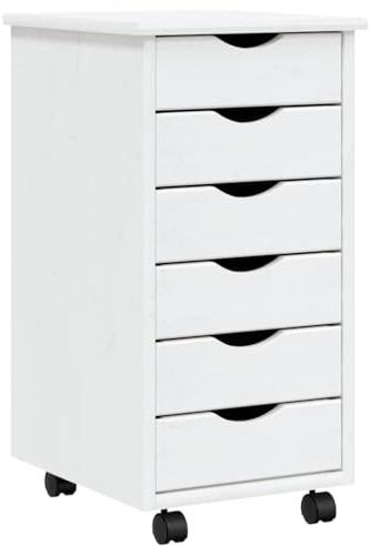 vidaXL MOSS White Rolling Cabinet with Drawers - Solid Pine Wood Office Storage Solution with Six Drawers and Flexible Wheels