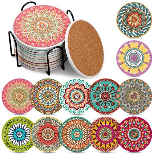 Hushee 12 Pcs Ceramic Drink Coasters with 1 Holder Holiday Cup Coasters with Cork Backing for Home Table Protection Wine Cups Coffee Bar Party Gifts(Mandala Style)