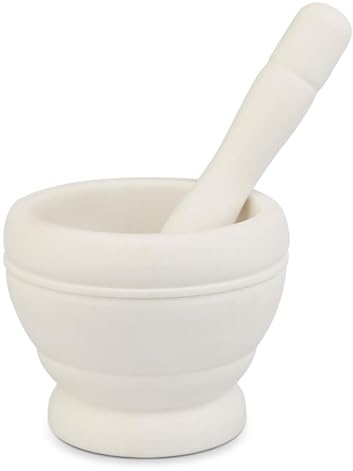 TIENDA EURASIA - Mortero de Plástico Resistente, Diámetro 11 cm, Mazo 18 cm, Color Marfil, Libre de BPA, Manual de Cocina, para Moler Ajo, Hierbas y Especias
