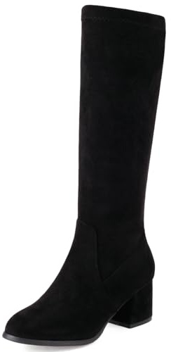 CRETUAO Botas Altas hasta la Rodilla de Gamuza para Mujer,Botines Altos con Cremallera Lateral, cómodos y Holgados, con Punta Redonda y tacón Medio Grueso,Negro,39 EU