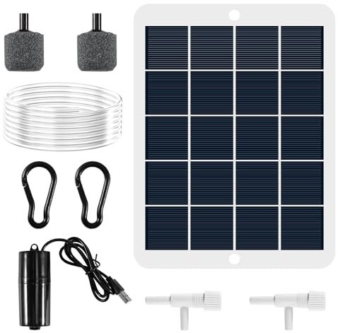 Solar Sauerstoffpumpe Set, ASOFTY Teichbelüfter mit 3W 5V Tragbarer Solarpanel, Dual Luftausströmer Kleine Leise Teich Luftpumpe, für Teich Aquarium Angelwasser Teichbelüfter Winterfest
