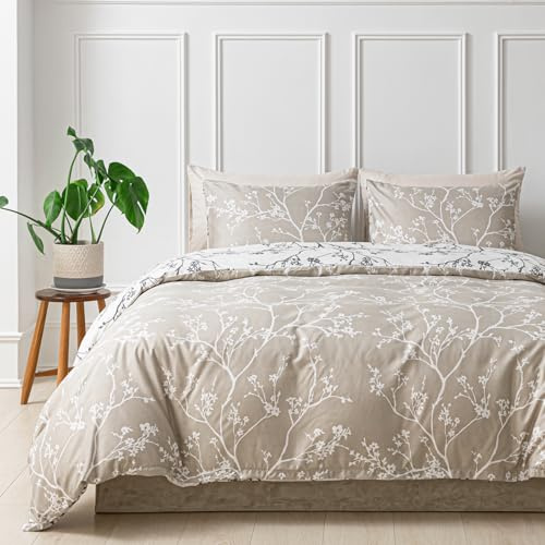 Tokokimo - Juego de ropa de cama reversible tamaño Super King de 3 piezas de color gris y blanco, microfibra suave, 260 x 220 cm, con fundas de almohada y edredón, fácil cuidado, estampado de plantas