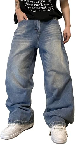 Zewool Jeans Baggy Hip hop pour Hommes,Jeans Skater à Jambe Large,Pantalons en Denim décontractés,Y2K Skateboard Streetwear Coupe Droite relaxée Vintage extrême liberté de Mouvement,C10 Bleu,S