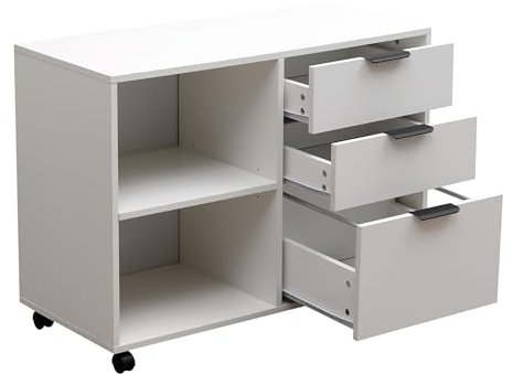 MMT Office Caddy, Under Desk Pedestal Storage, RHD, Mobile Filing Cabinet with 3 Drawers, White, Printer Stand, Foolscap Suspension File Hanging 88cm(L) x 65cm(H) (3 Drawer / 2 Shelf)