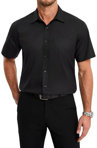 HISDERN Mens Shirts Short Sleeve Black Dress Shirts Casual Smart Non Iron Shirts Regular Fit Button Down Shirt for Formal Busniess 2XL