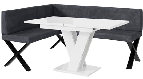 MEBLINI Eckbank für Esszimmer mit ausziehbarem Tisch - Küchenbank - Essecke - Sitzecke Küche - ERIC - X-Beine 128x168x87cm Links - Dunkelgrau Samt/M Weiß Hochgl.