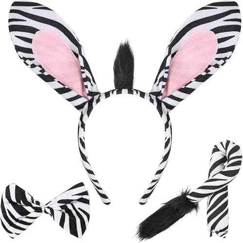 MZinge Furry Animal Costume Set - Zebra/Leopard/Giraffe - Headband, Tail & Bow Tie - Halloween & Party (zebra)