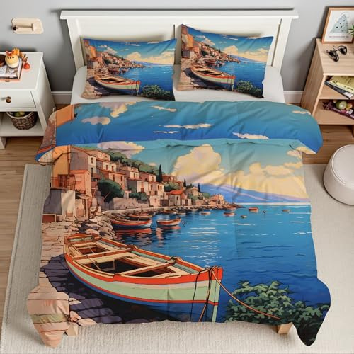 Piumino Singolo Case Trapunte Mare Piumone Imbottito Resistente Lavabile, Super Morbida Trapunta, piumini 135x200 cm in Microfibra Reversibile e 2 Federa 50x80 cmT128