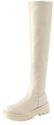 Allbestop Bottes Cowboy Femme, Bottes Cuissardes Cuir Femmes au Dessus Du Genou Femme Talon Haut Sexy à Talons Carrés pour Cavalières Cuir Fille Vintage Confortable(Beige,37)