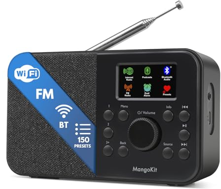 MangoKit SR-L WiFi Internet Radio, Podcast Player, Bluetooth Speaker,150 Presets, Portable FM Radio, Alarm Clock Radio, Compact Kitchen Radio with Full Colour Display, Mains or Battery Powered - Black