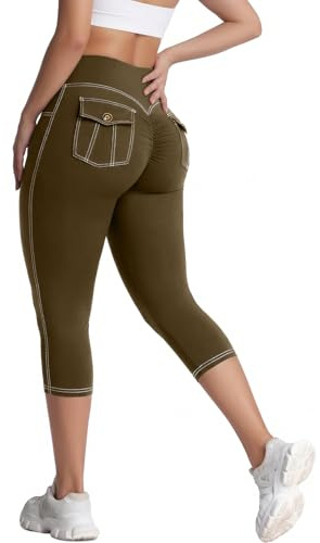 STARBILD Leggings Capri da Donna Scrunch Push Up, Pantaloni Sportivi a Tre Quarti con Tasche, Capri a Vita Alta 7/8 per Yoga Allenamento Palestra, Verde Oliva S