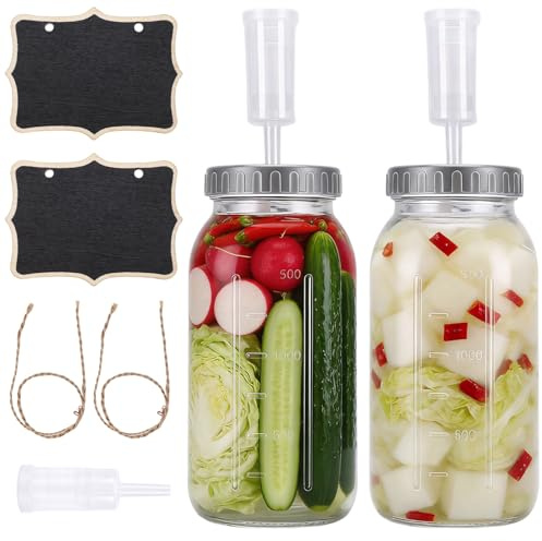 HISUEKIG Tarro de Fermentación de 2 uds., Tarro de Fermentación de Vidrio de 2L de Capacidad con Esclusa de Aire para Encurtidos, Chucrut y Kimchi