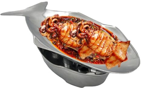 Plato de pescado de estilo tailandés – Bandeja de servir de aluminio de 40 cm, forma de una bandeja de comida caliente | Bandeja de comida de metal para la presentación de platos al aire libre, patio