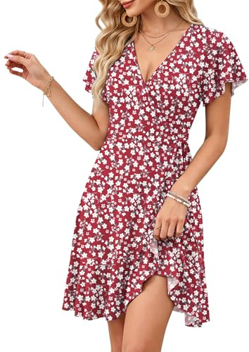 WNEEDU Robe Femme Été avec Col en V et Manches Courtes