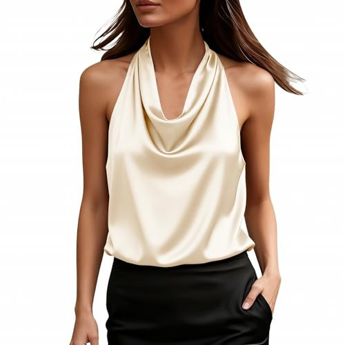 Generico Canotta Raso Donna Elegante Spalla Larga Canottiera a Cascata Curvy Senza Maniche Satin Tank Top Base Estiva Camicia Casual per Ufficio Festa Canottiere Eleganti Cerimonia Tops