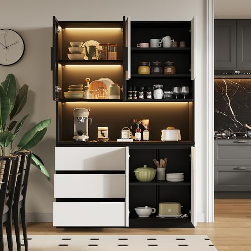 Gelukueub Armadi da cucina, vetrine da cucina, armadietti multifunzionali con 3 cassetti, 6 ante e ripiani per riporre stoviglie, forno a microonde, L 120,5 x P 40 x H 180 cm (bianco + nero)