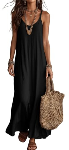 Summer Dresses for Women Boho Loose Flowy Maxi Beach Backless Cami Sundress Solid Spaghetti Strap Dress Casual Holiday