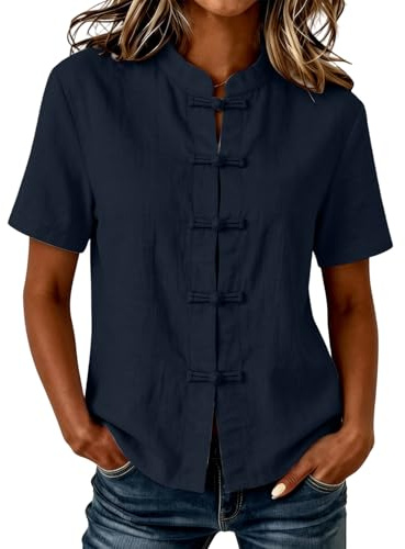 Short Sleeve Shirts for Women Vintage Ethnic Style Button-Down Shirt with Fold Buttons Ladies Oriental Tops Lightweight Summer Blouses Traditional Chinese Clothing Casual Wear