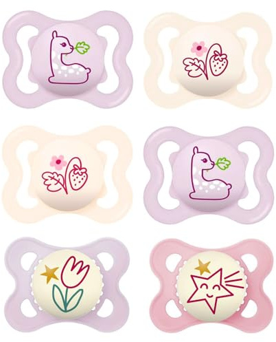 MAM Day and Night Silicone Dummies 0-6 Months GIRL Pack of 6 incl. 3 travel boxes
