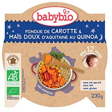 Babybio Assiette Fondue de Carotte/Maïs Doux d'Aquitaine au Quinoa 12+ Mois 230 g