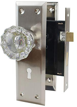 NUZAMAS Old Time Ensemble de boutons de serrure à mortaise en verre avec squelette et plaque en alliage de zinc, boutons de porte avec clés, double ouverture, serrure de chambre à coucher