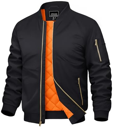 CRYSULLY Men's Jacket Padded Jackets for Men Full Zip Windbreakers Casual Warm Bomber Jacket Fall Winter Outwear Coats Black XL