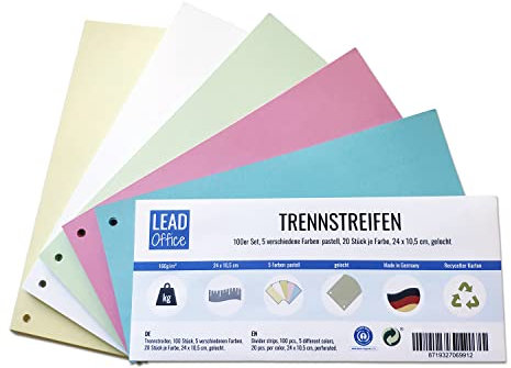 Trennstreifen, 100 Stück, 5 Pastellfarben: 20 Stück je Farbe, 24 x 10,5 cm, gelocht, 160g/m², zum Sortieren und Trennen von Dokumenten bis DIN-A4-Format