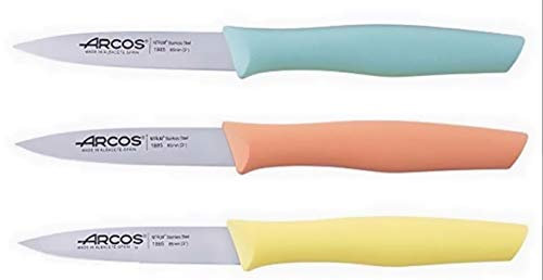 Arcos - Lot de 3 Couteaux d'office 8,5 cm - Vert, Corail et Jaune Pastel