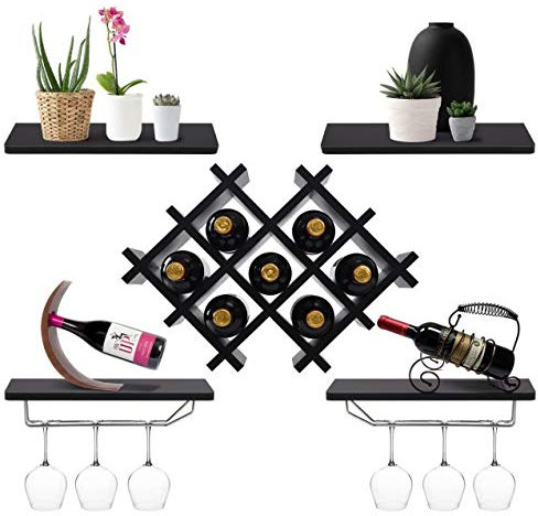 Best Value Here WHITE Wall Mounted Wine Rack White Bar Accessories Bottle Holder Champagne Glass Storage Unit with 4 Floating Shelves Shelving (Pitch Black)