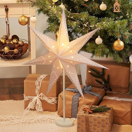 SALCAR LED Weihnachtsstern Beleuchtet Fenster 55cm, Papierstern Weihnachten mit E14 Lampe, 3D Leuchtstern Stehend Adventsstern mit Eisensockel Fuß, Weiß