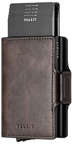 VULKIT Porta Carte di Credito Schermato Tascabile Portafoglio Uomo Piccolo Sottile Pelle Pop Up Custodia Doppio con 2 Slot per Carte e Banconote, Espresso