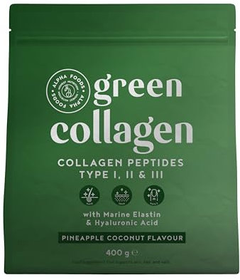 Collagen Pulver + Probiotika + Greens [400g] | Kollagen Hydrolysat Peptide Typ 1, 2 & 3 | Kollagenpulver mit Bakterienkulturen und Hyaluron | Pina Colada Geschmack | aus Deutschland - Alpha Foods