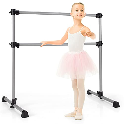 Goplus Double Ballet Barre Bar, Portable 4 FT Freestanding Dancing Bar w/ 7” - 46” Adjustable Height, Barre Exercise Equipment Bar for Home School Gym, Ballet Bar for Kids & Adults (Sliver)
