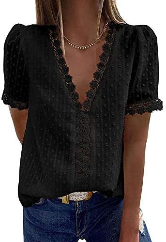 Bipily Chemisier Femme Dentelle Décontracté Col V Élégant Couleur Unie Vintage Manches Courtes Casual Dentelle Blouse