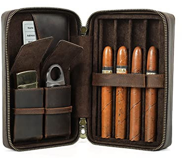 Hiram Leather Cigar Humidor, Genuine Cigar Travel Case Portable 4 Cigars Box with Cigar Cutter and Lighter Storage Pocket, Multifunctional Humidor Accessory Bag with Wrist Strap for Men